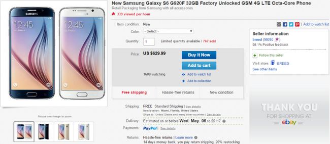 Fotografía - [Offre Alerte] Unlocked Samsung Galaxy S6 (G920F) sur eBay pour $ 629.99